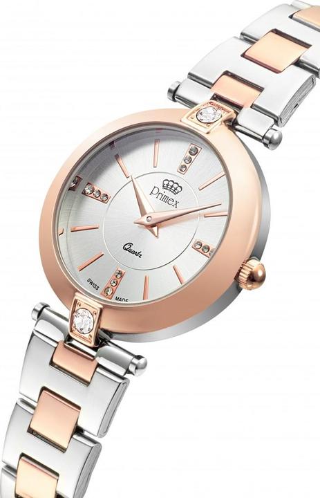 Image du produit Primex Montre Dame Swiss Made Bracelet Metal Bicolore Rose Cadran Argente Etanche 30 M (Montre analogique, 32 mm)