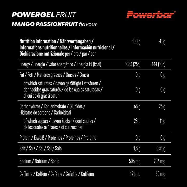 Nährwerte und Zutaten Powerbar PowerGel Fruit (Mango, Maracuja, Koffein, 24 Stk., 984 g)