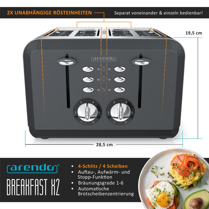Actual product image Arendo Stainless steel toaster 4 slices, automatic, stainless steel, heat-insulating double-walled