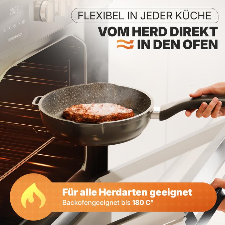 Produktbild Stoneline Future Topfset 8 teilig mit Sieb Deckeln, beschichtete Töpfe, Pfannen Induktion geeignet (Bräter + Schmortopf, Bratpfanne, Kochtopf, Stielkasserolle, Aluminiumguss, 24 x 11.50 cm)