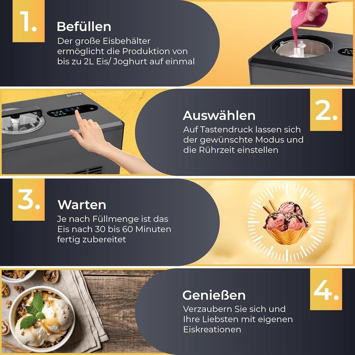 Produktbild KLAMER 2-in-1 Eismaschine & Joghurtbereiter 2 L, 220 W Eiscrememaschine aus Edelstahl mit Kühl-…