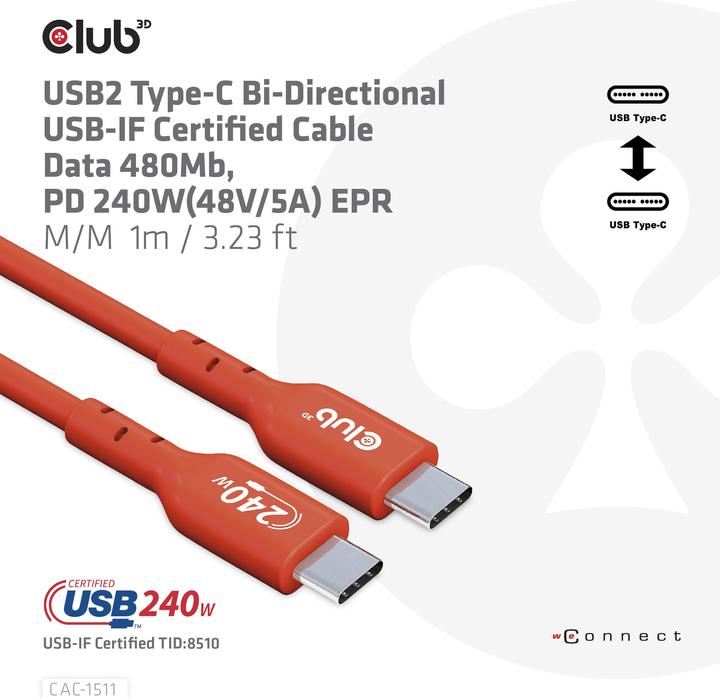 Produktbild Club 3D Club3D Kabel USB 2 Typ C PD 240W / 480Mb 1m St/St retail (1 m, USB 2.0, 480 W)