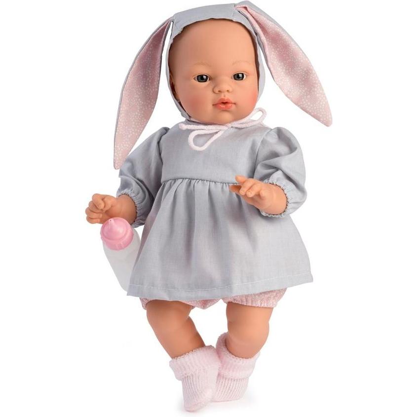 Asi Koke doll in gray dress with a hood with rabbit ears