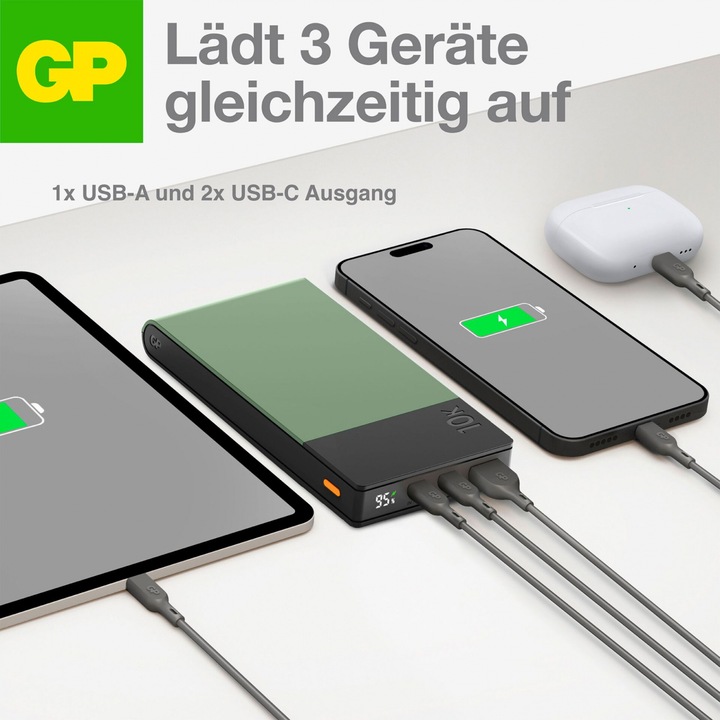 Produktbild GP Batteries GP PowerBank M2+ 10C 10000mAh 2xUSB-C/1xUSB-A grün LED-Anzeige (10000 mAh, 22.50 W, 37 Wh)