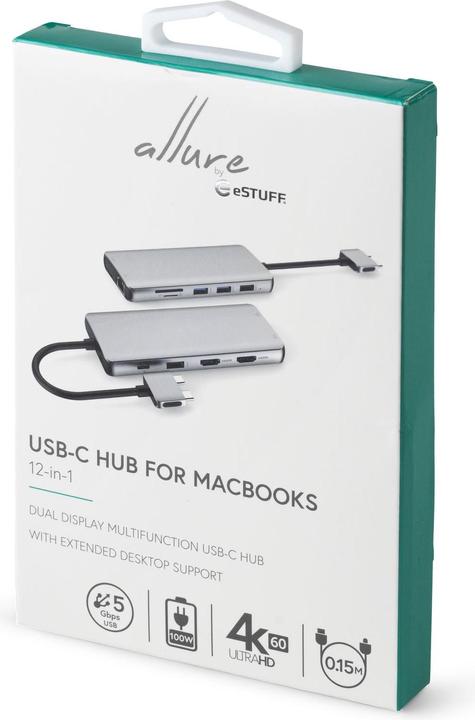 Image du produit eSTUFF USB-C Dual USB-C Dock USB 3.2 Gen 1 (3.1 Gen 1) Type-C Aluminium, Métallique (USB-C, 12 ports)