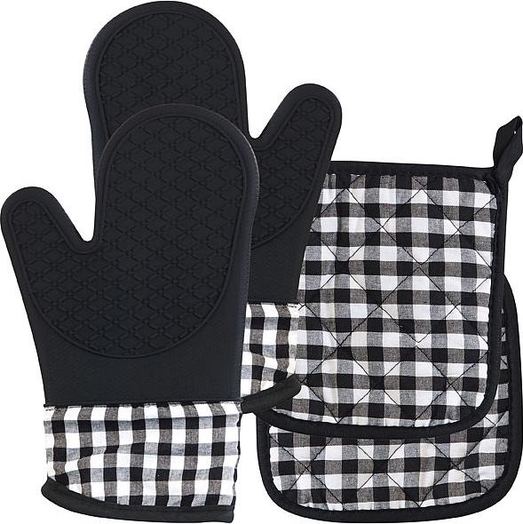 Rosenstein & Söhne 4er-Set Silikon-Ofenhandschuhe und Topflappen (Füllung: 100 % Polyester, 100 % Baumwolle mit Silikon-Grifffläche)
