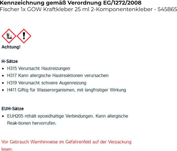 Valori nutrizionali e ingredienti Fischer 545865 Gel adesivo Adesivo epossidico (80 g, 25 ml)