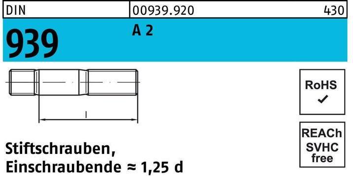 Stiftschraube DIN 939 M 12 x 80 A 2 Einschraubende=1,25d (10 Schrauben pro Stück)