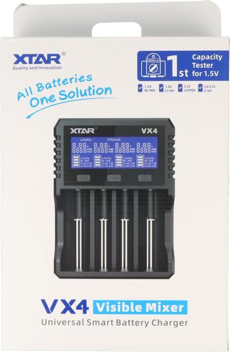 Produktbild Xtar VX4 Ladegerät, lädt 1,5V, 3,7V Li-Ion Akkus, 3,2V LiFePO4 und 1,2V NiMH Akkus, ohne Netzteil (10440, 10500, 12340, 12500, 12650, 13450, 13500, 13650, 14350, 14430, 14500, 14650, 16340, 16500, 16650, 17350, 17500, 17650, 17670, 18350, 18490, 18500, 18650, 20700, 21700, 22500, 22650, 25500, 26500, 26650, 32650, AA, AAA)