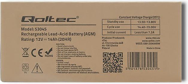 Nutritional values and ingredients Qoltec 53045 - Battery / accumulator - 14 Ah - 12 V - White - 210 A - 15 cm (12 V, 14 Ah)