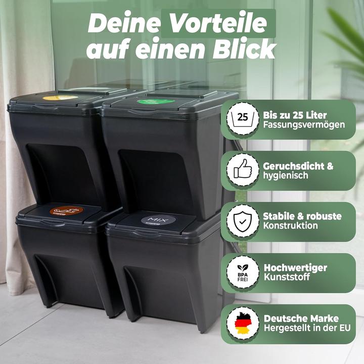Produktbild Novaliv Mülltrennsystem 25L Mülleimer Trennsystem - Mülleimer 4 Fächer - Mülltrennsysteme stapelbar (25 l)