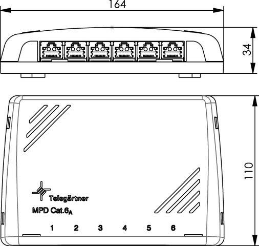 Actual product image Telegärtner Modular patch distributor Cat. 6A, 6 x RJ45 unshielded, integrated contact overbend protection