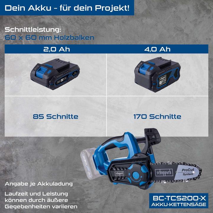 Produktbild Scheppach Akku-Kettensäge 20V BC-TCS200-X 8Zoll (Akku Kettensäge)