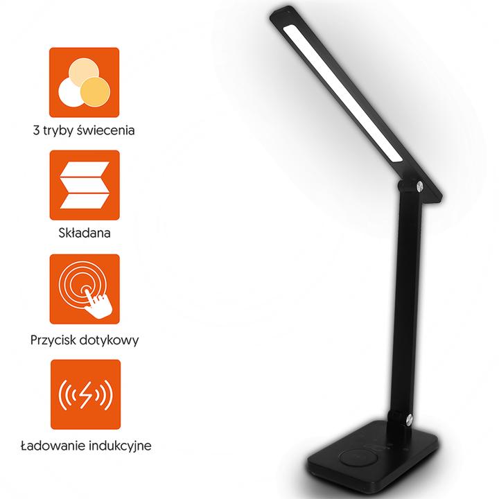 Actual product image Lasmex LED desk Lamp 10W, 3000/4500/6000K, induction charging, touch control, dimmer, black, LTC