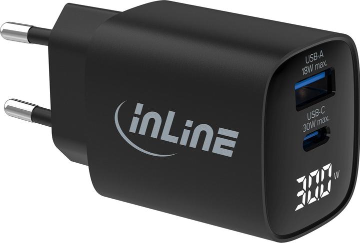 Produktbild InLine USB PD Netzteil, GaN Ladegerät, 2-Port, USB-C + USB-A, 30W, mit Display, schwarz (30 W, 2 Ports)
