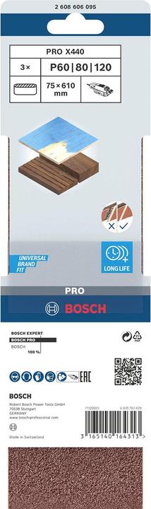 Image du produit Bosch Professional Zubehör PRO X440 bande abrasive, 75 x 610 mm, G60, G80, G100, 3 pcs. (60, 80, 100)
