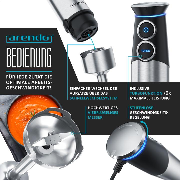 Actual product image Arendo Hand blender stainless steel, 1500 W, electric hand blender, infinitely variable speed + turbo