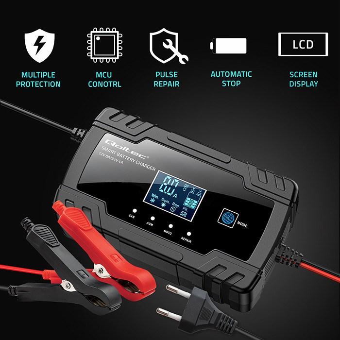 Produktbild Qoltec Mikroprozessor-Ladegerät 12V 8A 24V 4A LCD (12V, 24V, 8 A)