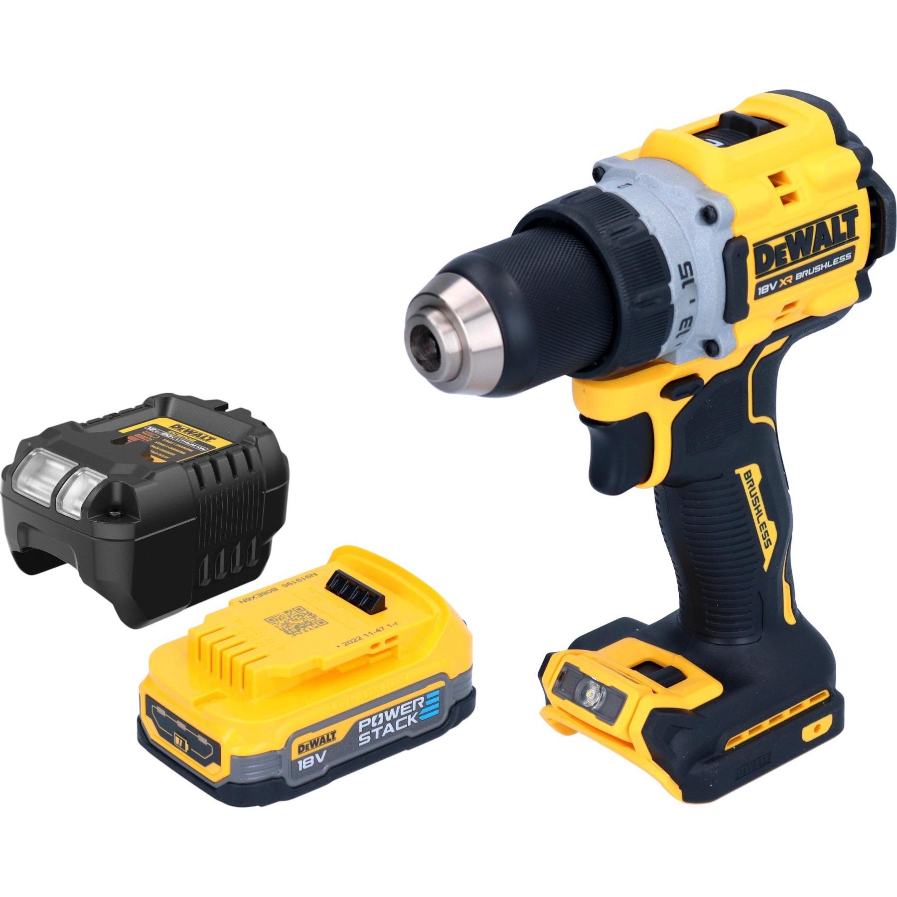 DeWalt, Bohrmaschine + Akkuschrauber, DCD 800 E1 Akku Bohrschrauber 18 V 90 Nm Brushless + 1x Powerstack Akku 1,7 Ah + L...