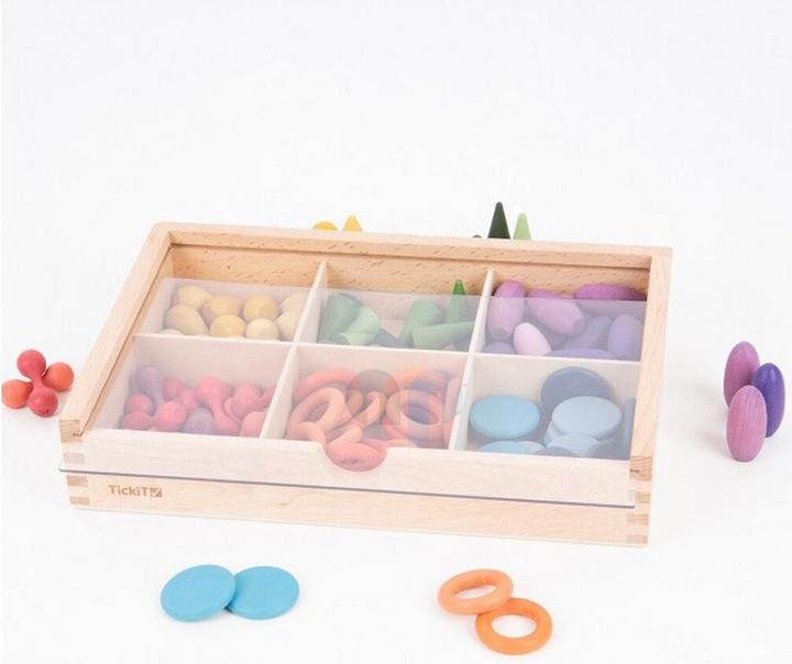 TickiT WOODEN 6 WAY SORTING TRAY - Wooden sorting box with 6 compartments and acrylic lid