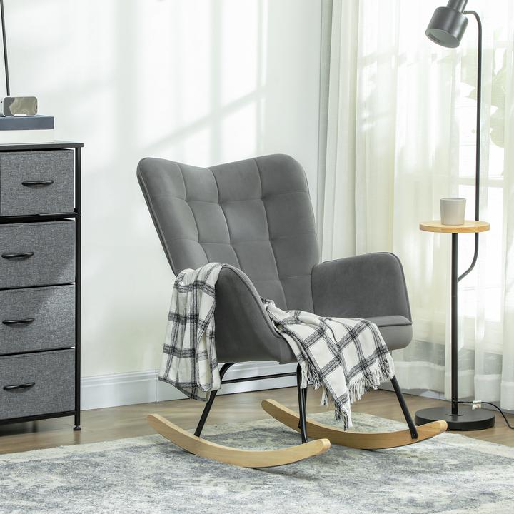 Produktbild Homcom Schaukelstuhl Samt (100% Polyester), Buchenholz Dunkelgrau