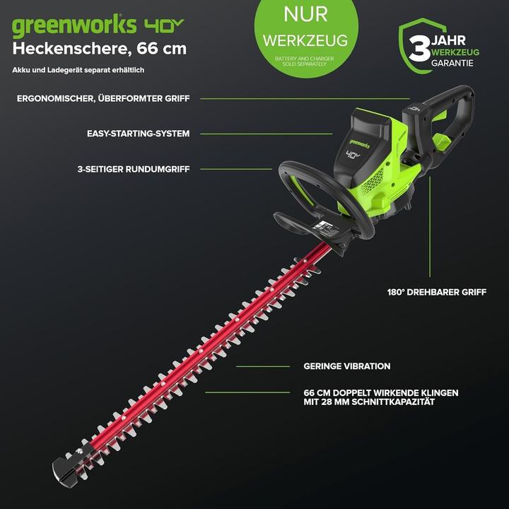 Image du produit Greenworks Taille-haie sans fil, lame double action, coupe 28 mm, 3400 tr/min, 3 kg (Fonctionnement sur batterie)