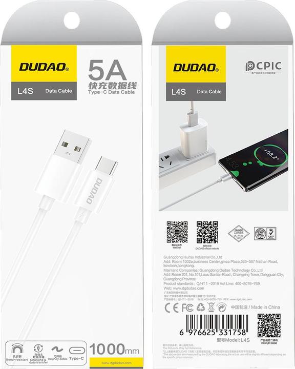Productafbeelding Dudao L4ST USB-A / USB-C kabel 2A 1m - wit (1 m)