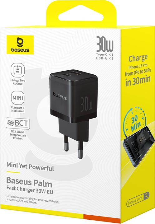 Image du produit Baseus - Wall Charger Palm (P1011160A113-00) - Fast Charging, 2in1, USB, Type-C, 30W - Cluster Black (30 W, 2 ports)