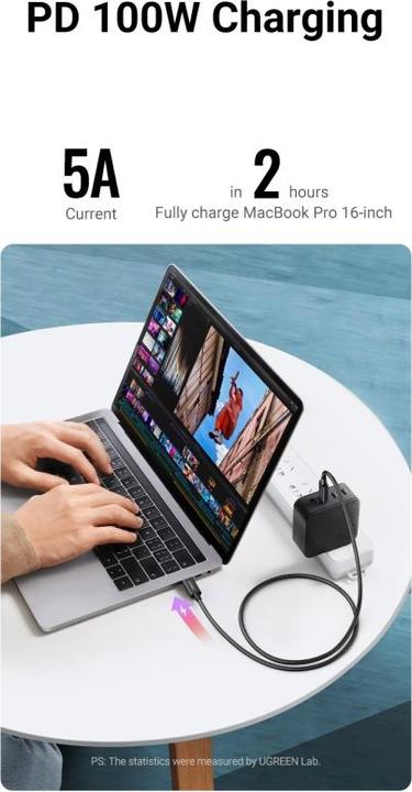 Actual product image Ugreen USB-C to USB-C Cable US501, Gen3, 100W, 8K, 0.8m (Black)