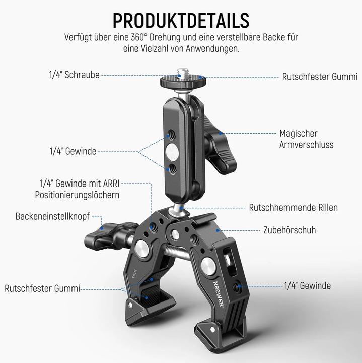 Produktbild Neewer 3" Adjustable Articulating Friction Magic Arm & Super Clamp (i Type)-ST83 (Diverses Video Zubehör)