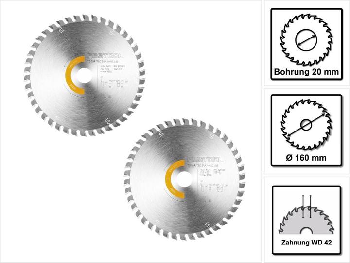 Festool Wood Fine Cut HW Circular Saw Blade 160 x 1.8 x 20mm WD42 (2x 205553)