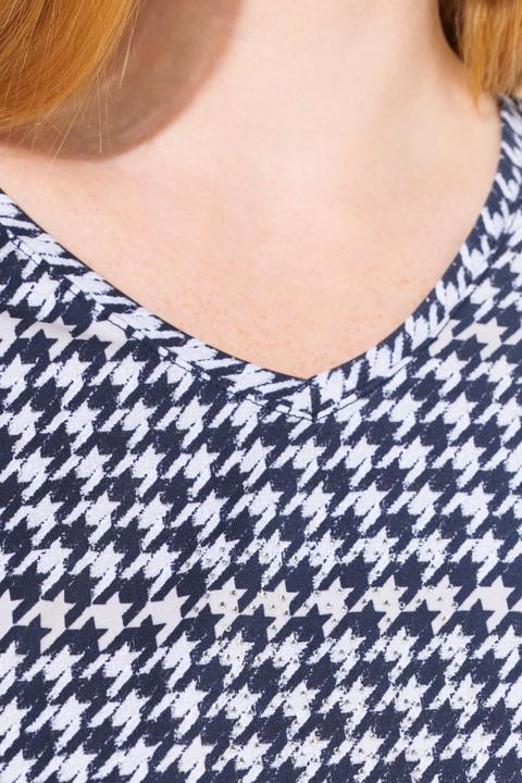 Image du produit Ulla Popken T-shirt à col V et manches 3/4, en coton Pima, motif pied-de-poule (42, 44)