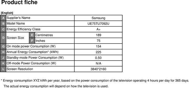 Nutritional values and ingredients Samsung UE75TU7092U (75", LED, 4K, 2020, EU)