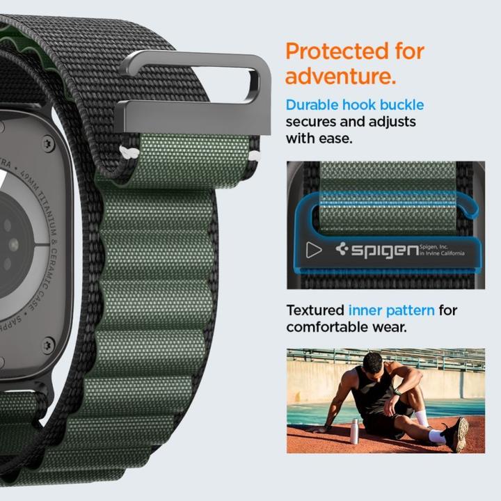 Produktbild Spigen Armband WBF1 Armband für Apple Watch 44 / 45 / 46 / 49 mm - Schwarz und Grün (49 mm, Fabric, Nylon)