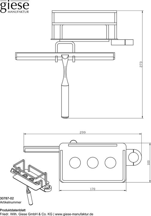 Actual product image Giese Manufaktur Optisign Duschkorb für Duschgleitstange links mit Glasabzieher und Halter für Rasierer
