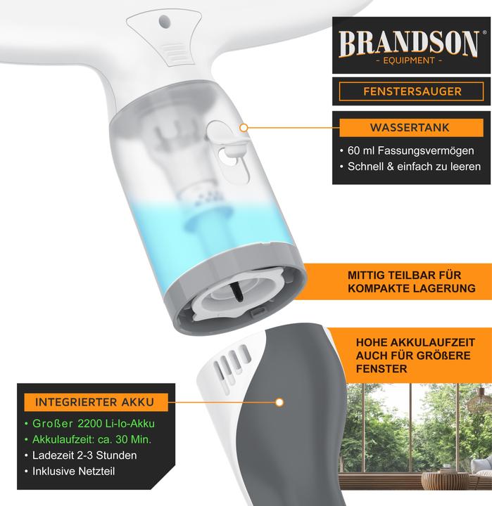 Produktbild Brandson Akku Fenstersauger, Fensterreiniger mit Sprühflasche & Wischbezug, für Duschkabine, Spiegel, 2200mAh