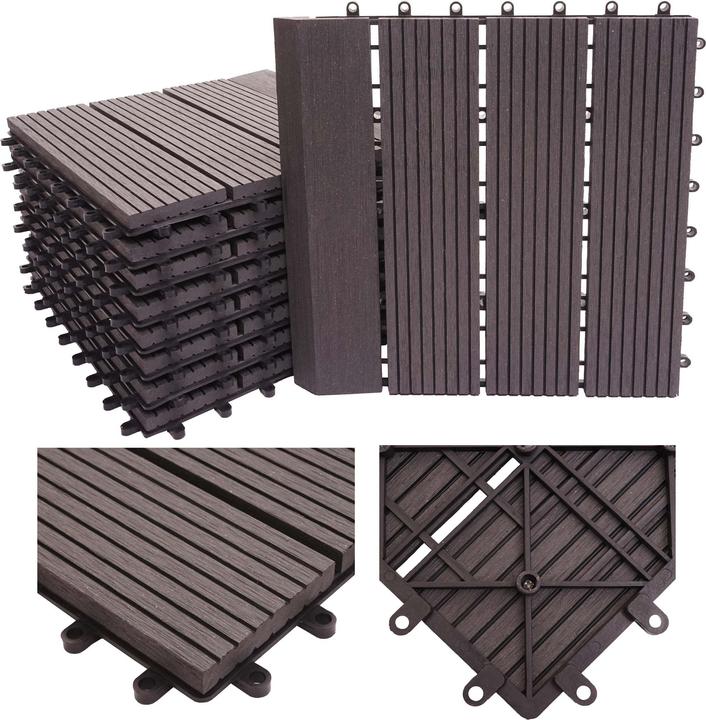 Produktbild Swisshandel24 WPC Bodenfliese Rhone + Abschluss, Holzoptik Balkon/Terrasse, 11x je 30x30cm = 1qm Premium anthraz (11 x, 30 x 30 cm)