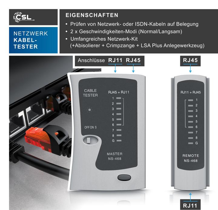 Actual product image CSL Network Cable Tester for RJ45 & RJ11 Cables - Patch Cord Cable Tester - LAN Network Cable Tester