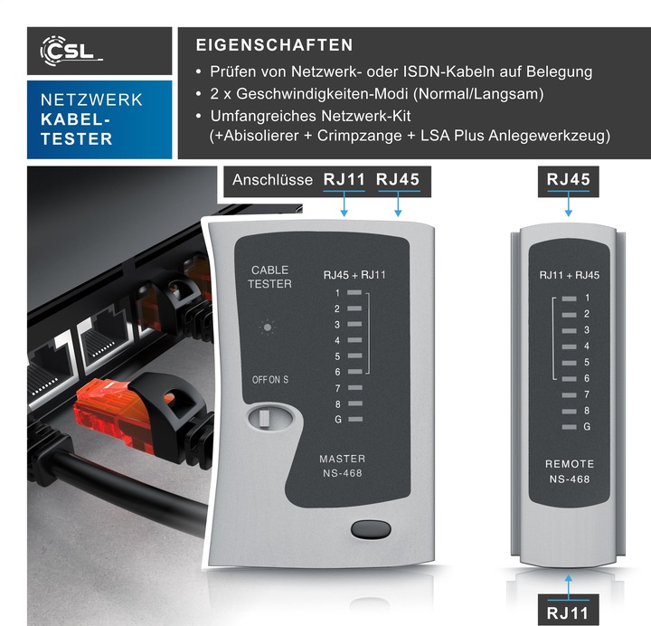 Actual product image CSL Network Cable Tester for RJ45 & RJ11 Cables - Patch Cord Cable Tester - LAN Network Cable Tester