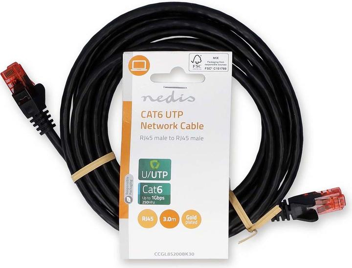 Immagine prodotto Nedis Cavo Cat 6 | Spina RJ45 | Spina RJ45 | U/UTP | 3,00 m | Rotondo | PVC | Nero | Etichetta (U/UTP, CAT6, 3 m)