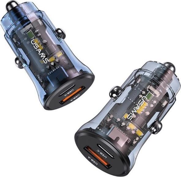 Actual product image Usams 30W Transparent USB-A + USB-C Mini Car Charger