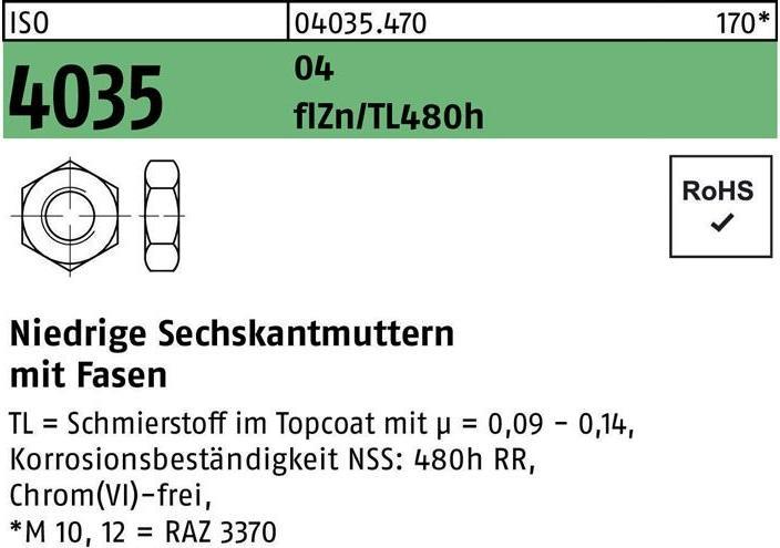 Produktbild Sechskantmutter ISO 4035 niedrig m.Fasen M 16 14 AU zinkbes. Gleitmittel flZnnc 480h-L (M16)