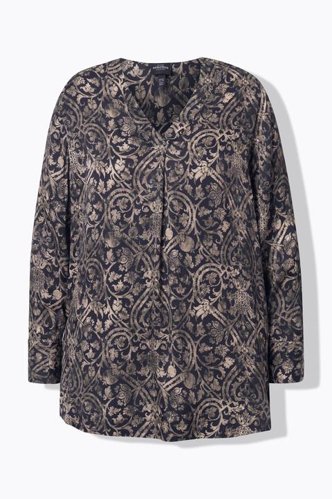 Produktbild Ulla Popken Satinbluse, Ornamente, V-Ausschnitt, Langarm (60)