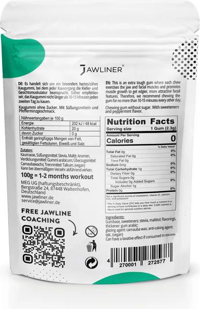 Valeurs nutritives et ingrédients Jawliner Fitness Chewing-Gum (60 pièce(s), Gummies)