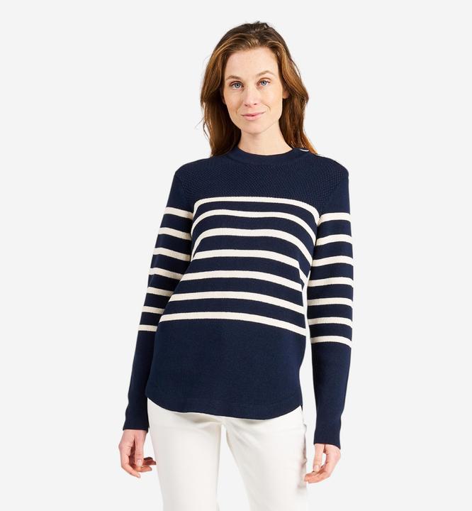 Immagine prodotto Tribord Pullover da donna in maglia da vela, 100 blu navy con righe beige (S)