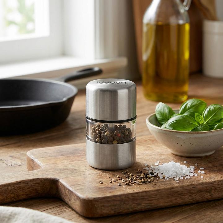 Produktbild Ideoon Mini Salz- Pfeffermühle Set aus Edelstahl mit Keramikmahlwerk - Gewürzmühle (Kräuter, Pfeffer, Salz)