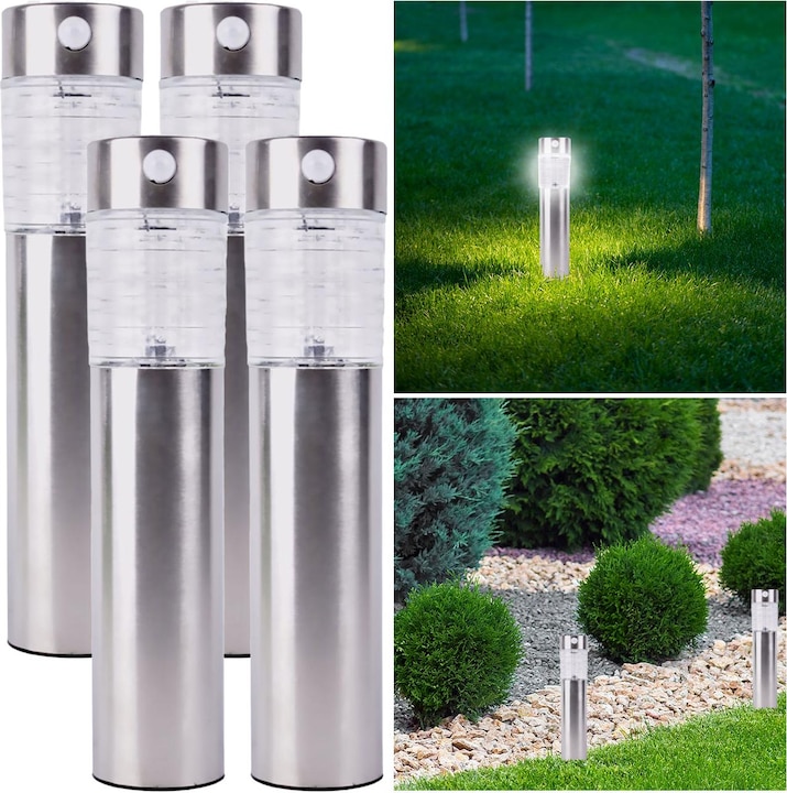 Image du produit Benson Garden Lot de 4 lampes de jardin solaires en acier inoxydable avec capteur de mouvement