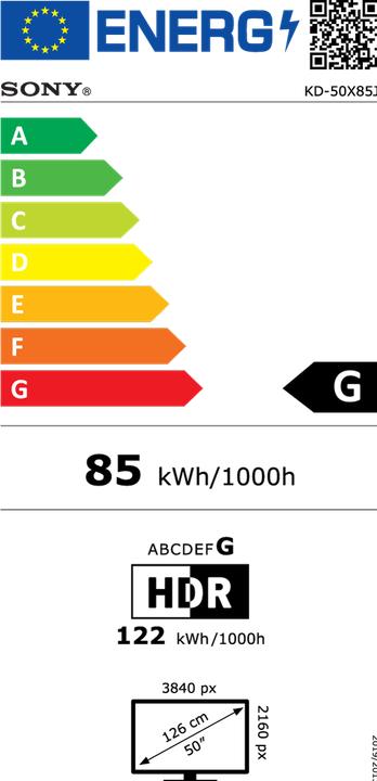 Etichetta energetica Sony KD50X85J (50", X85J, Visualizzazione MIP, 4K, 2021)