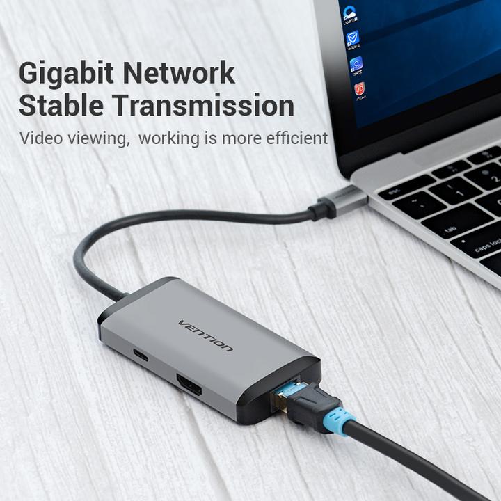 Actual product image Vention USB-C Docking Station to HDMI, 3x USB3.0, RJ45, PD 0.15m CNCHB, grey (USB-C, 5 Ports)