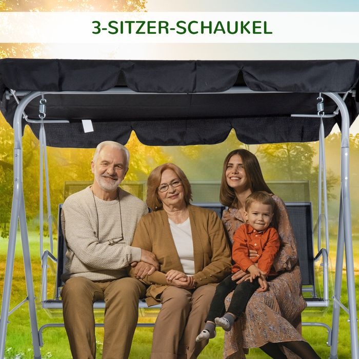 Actual product image Swisshandel24 Hollywoodschaukel 3-Sitzer Gartenschaukel Schaukelbank mit Dach Metall Schwarz+Silber 171 x 108 x 15
